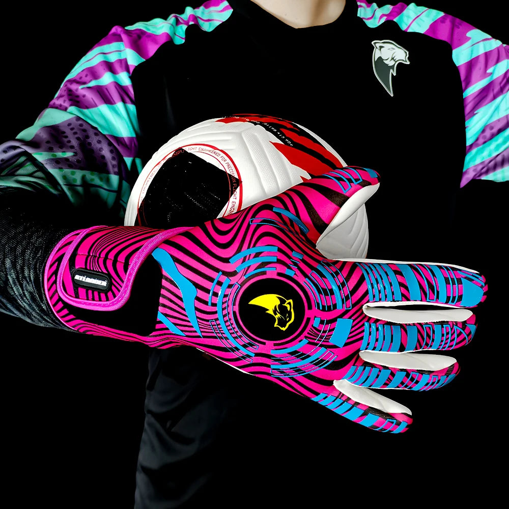 A close-up of high-performance goalkeeper gloves featuring a vibrant pink and purple striped design.