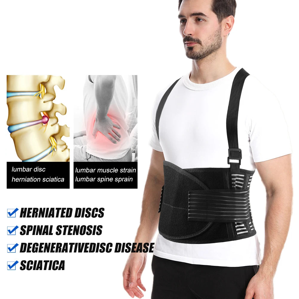 Mann trägt eine schwarze ergonomische Rückenstütze für Lenden- und Rückenschmerzen.