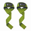 A pair of lime green gym wrist straps with Bryant Fitness branding.