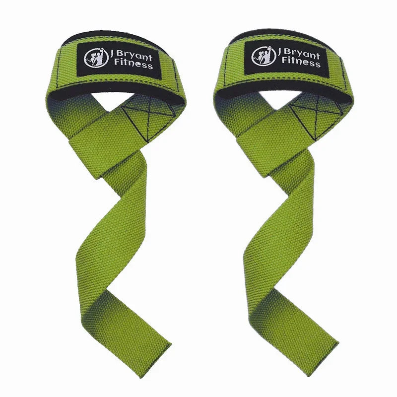 A pair of lime green gym wrist straps with Bryant Fitness branding.
