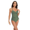A woman models a olive green high-waisted two-piece swimsuit set.