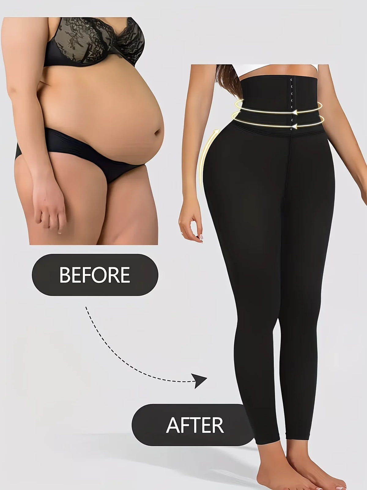 Before and after comparison showing high waisted shaping leggings for tummy and butt definition.