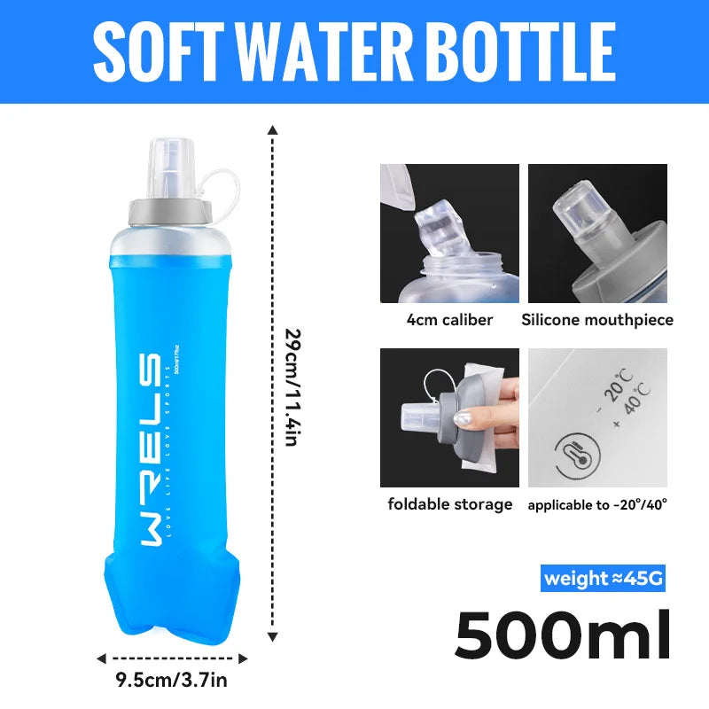 A blue soft water bottle with a silicone mouthpiece and foldable storage, measuring 500ml.