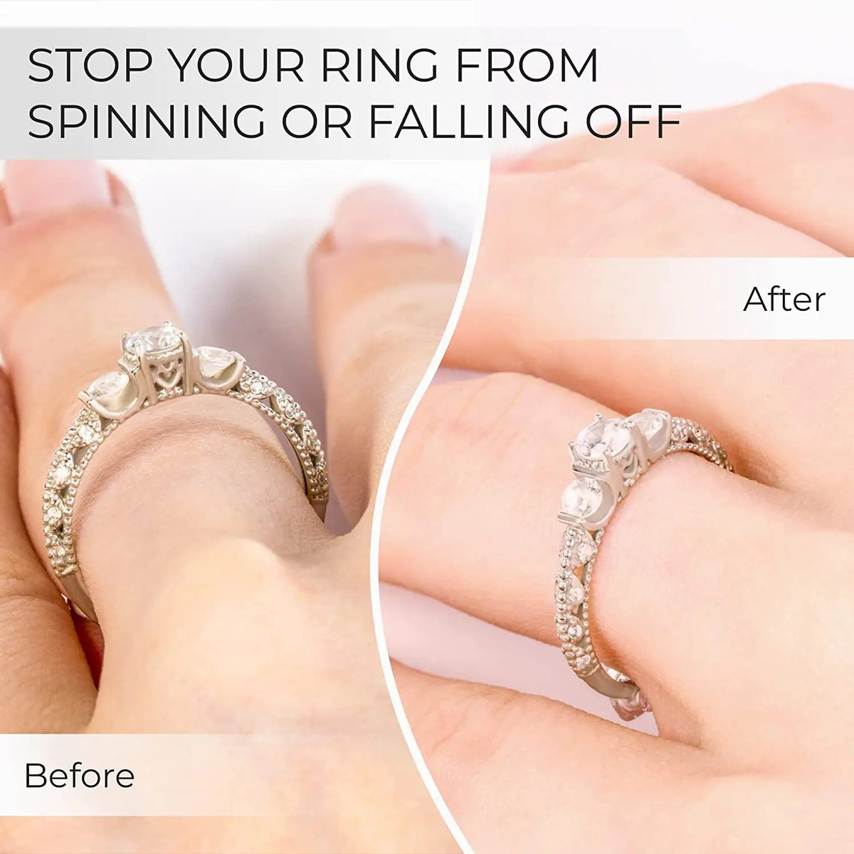 Before and after comparison showing how to stop a ring from spinning or falling off