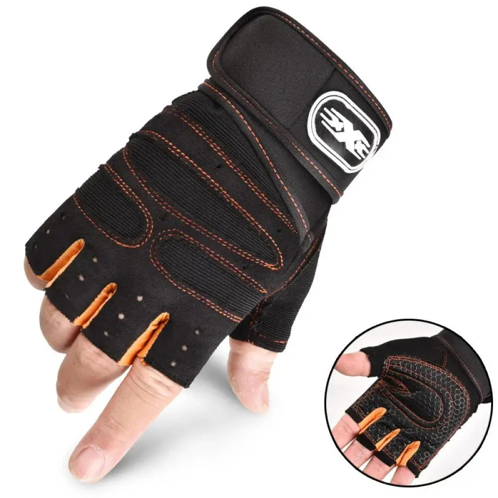 Black half finger wrist guards for sports and fitness shown on a hand.