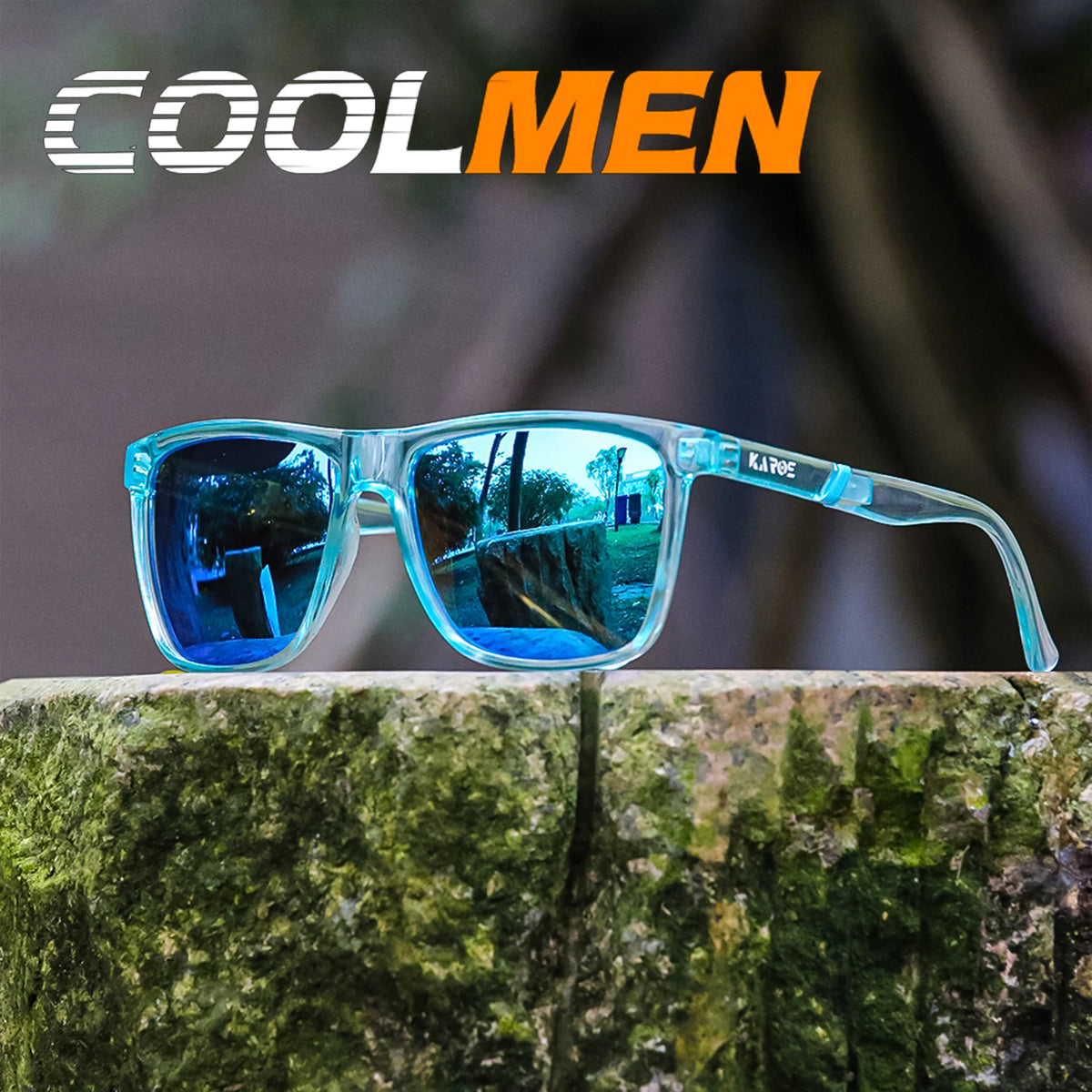 A pair of blue polarized sports sunglasses resting on a mossy tree branch.