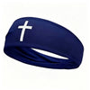 Navy blue athletic sweat headband with a white cross design