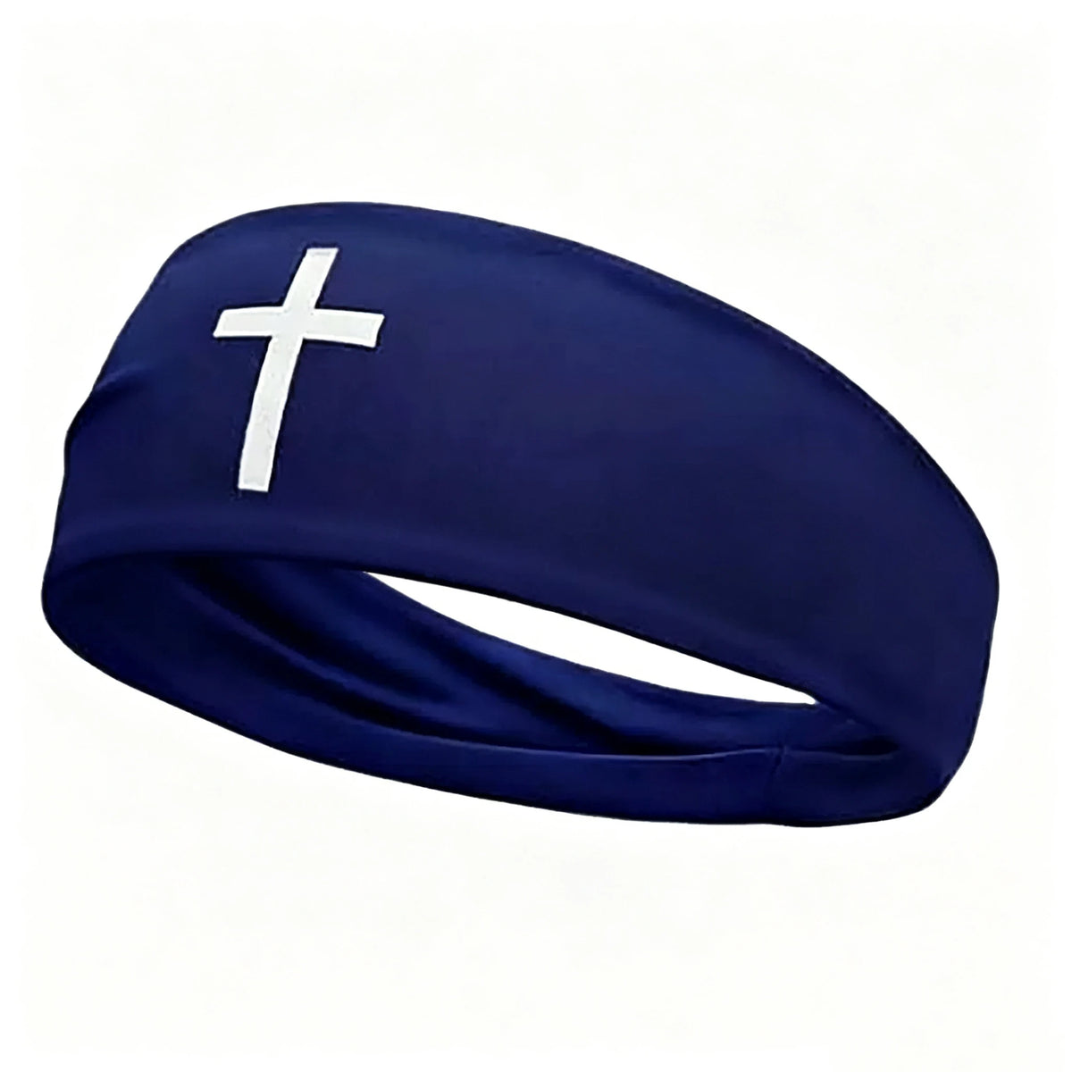 Navy blue athletic sweat headband with a white cross design
