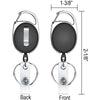 A pair of retractable ID badge reel keychains shown from the back and front with dimensions.