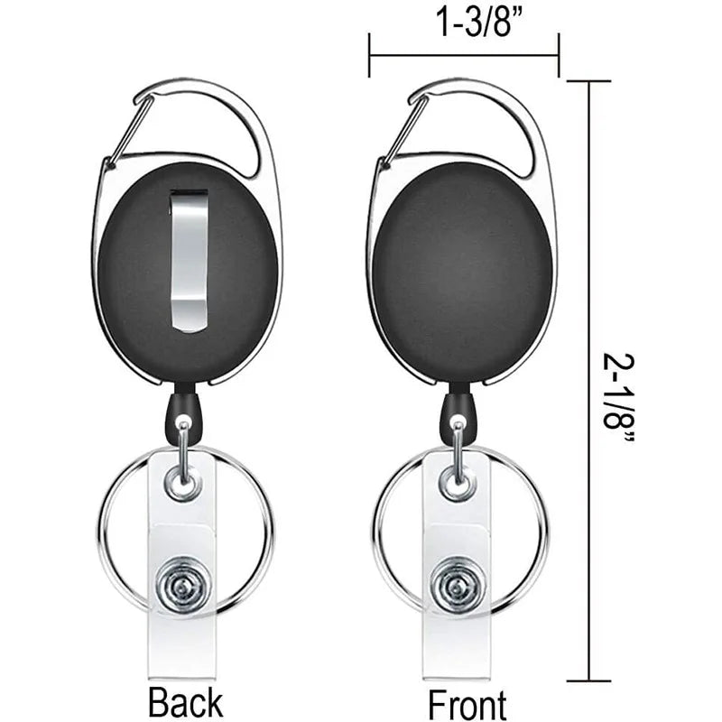 A pair of retractable ID badge reel keychains shown from the back and front with dimensions.