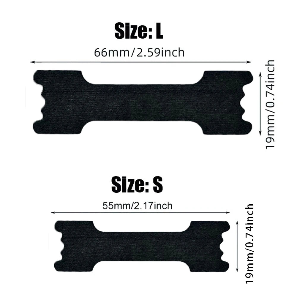 Two anti-snoring nasal strips shown, labeled Size L and Size S, demonstrating different dimensions.