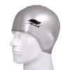 A silver universal silicone swimming cap displayed on a white mannequin head.