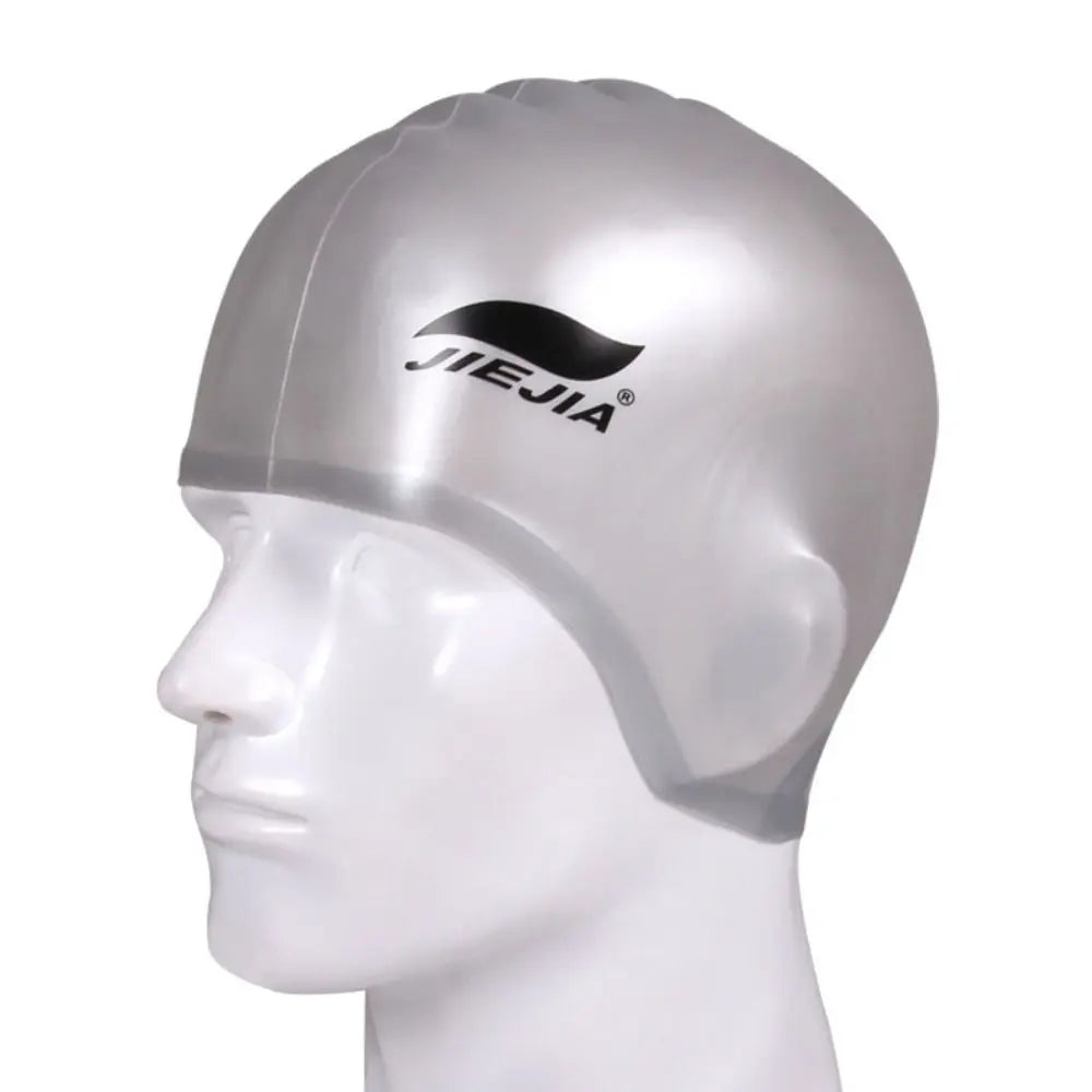A silver universal silicone swimming cap displayed on a white mannequin head.