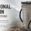 A beige UTOBEST hydration bladder is shown next to a runner in a mountainous outdoor setting.
