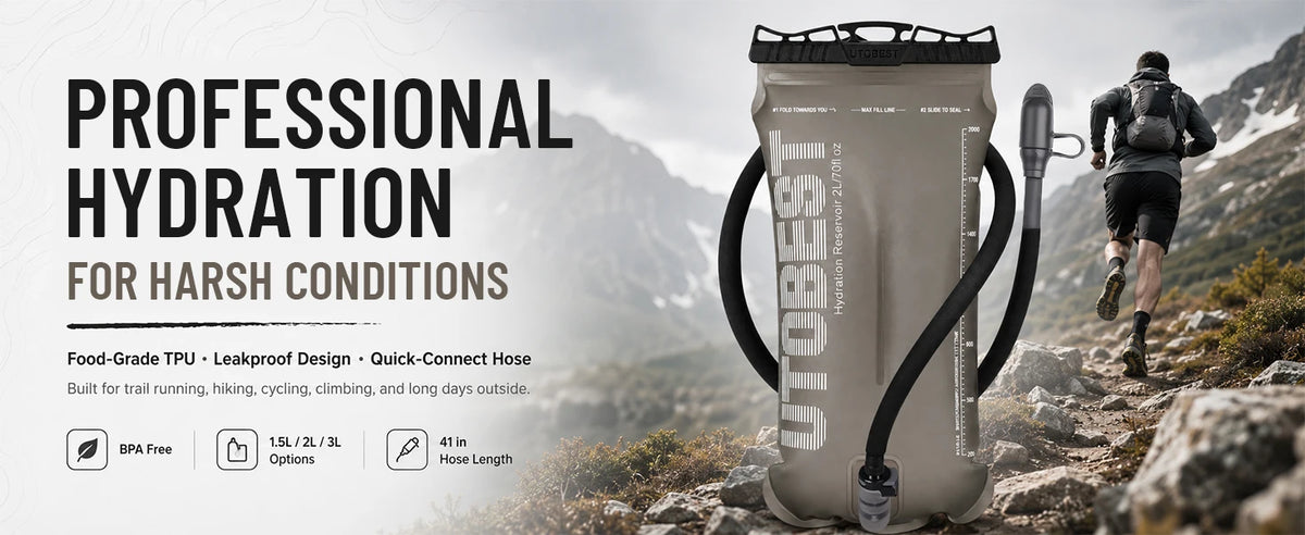 A beige UTOBEST hydration bladder is shown next to a runner in a mountainous outdoor setting.