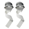 Pair of white and black gym weightlifting straps for deadlifts