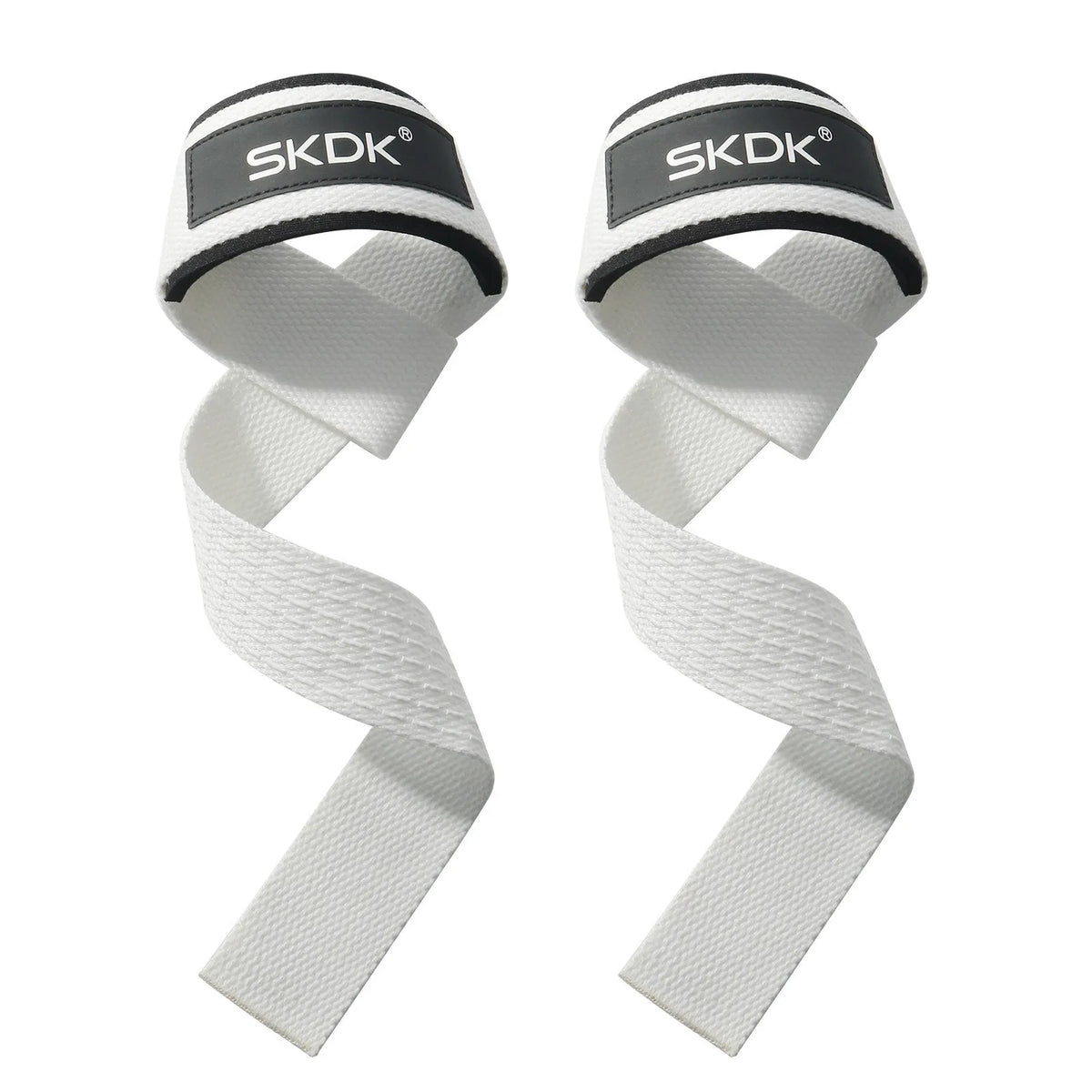 Pair of white and black gym weightlifting straps for deadlifts