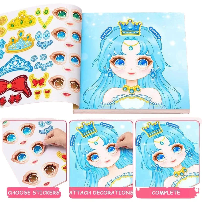 Pegatinas y decoraciones de caras de dibujos animados reutilizables para niños, mostrando varios diseños y un set completo