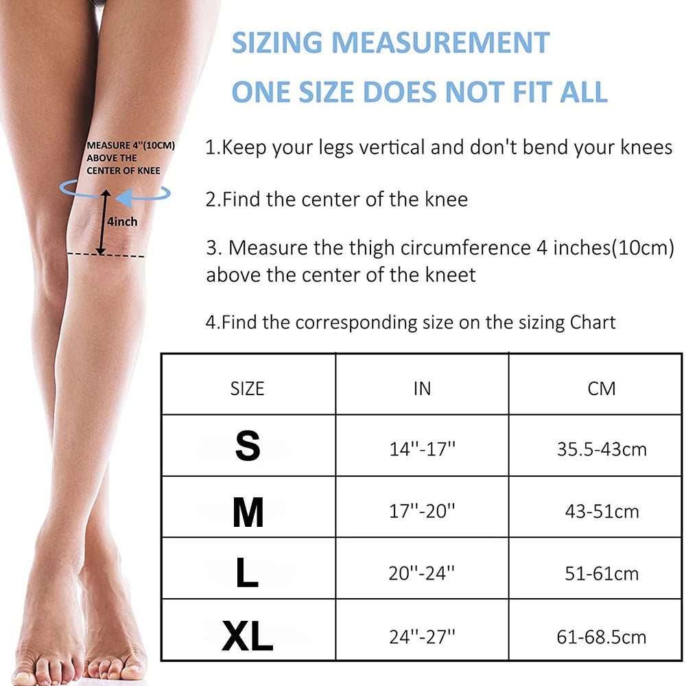 A sizing chart for an advanced knee brace showing measurements in inches and centimeters for sizes S, M, L, and XL.