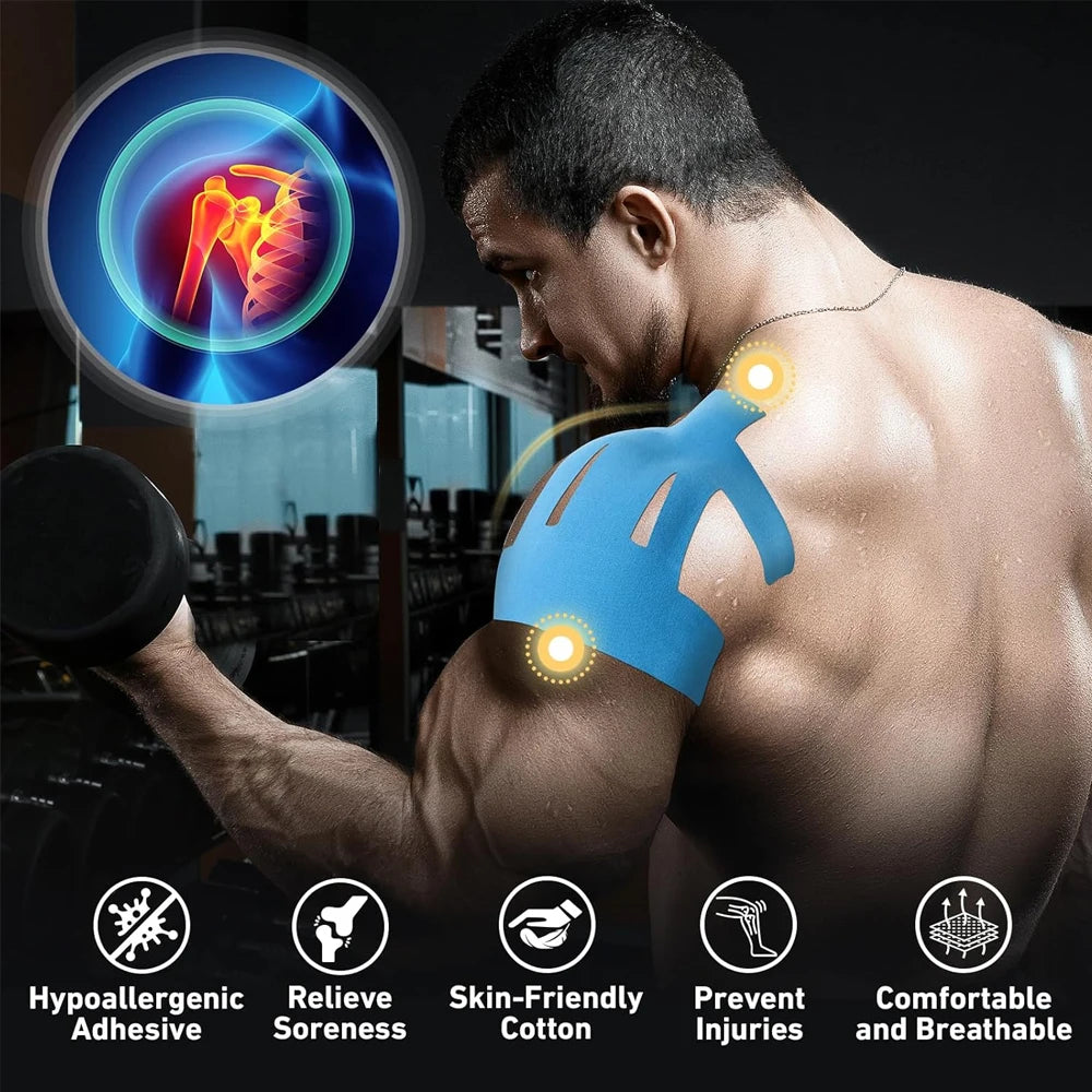 A muscular man applying blue kinesiology therapy tape to his shoulder, demonstrating its hypoallergenic and skin-friendly pro