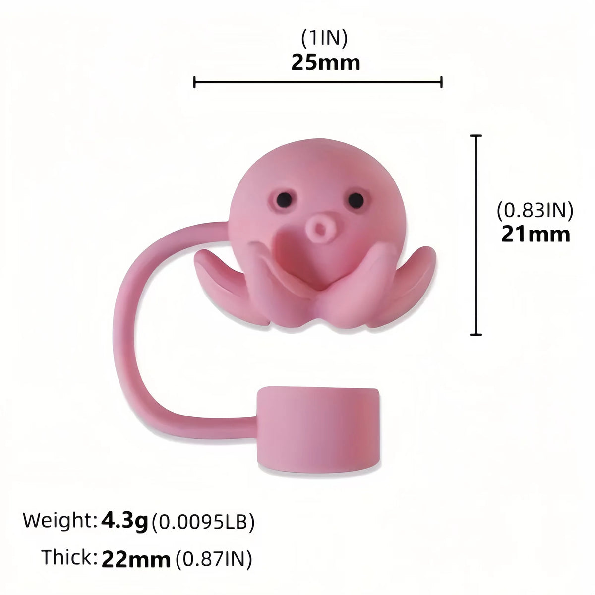 A pink silicone straw cover shaped like a small creature, with a loop and a base.