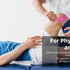 A physical therapist applies pink kinesiology tape to a patient's leg during rehabilitation.