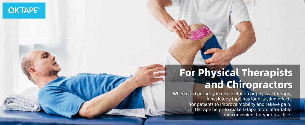 A physical therapist applies pink kinesiology tape to a patient's leg during rehabilitation.