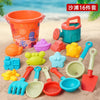 Juego de 16 herramientas plásticas para cavar en la playa, incluyendo cubo y varias palas en naranja, verde, amarillo y b