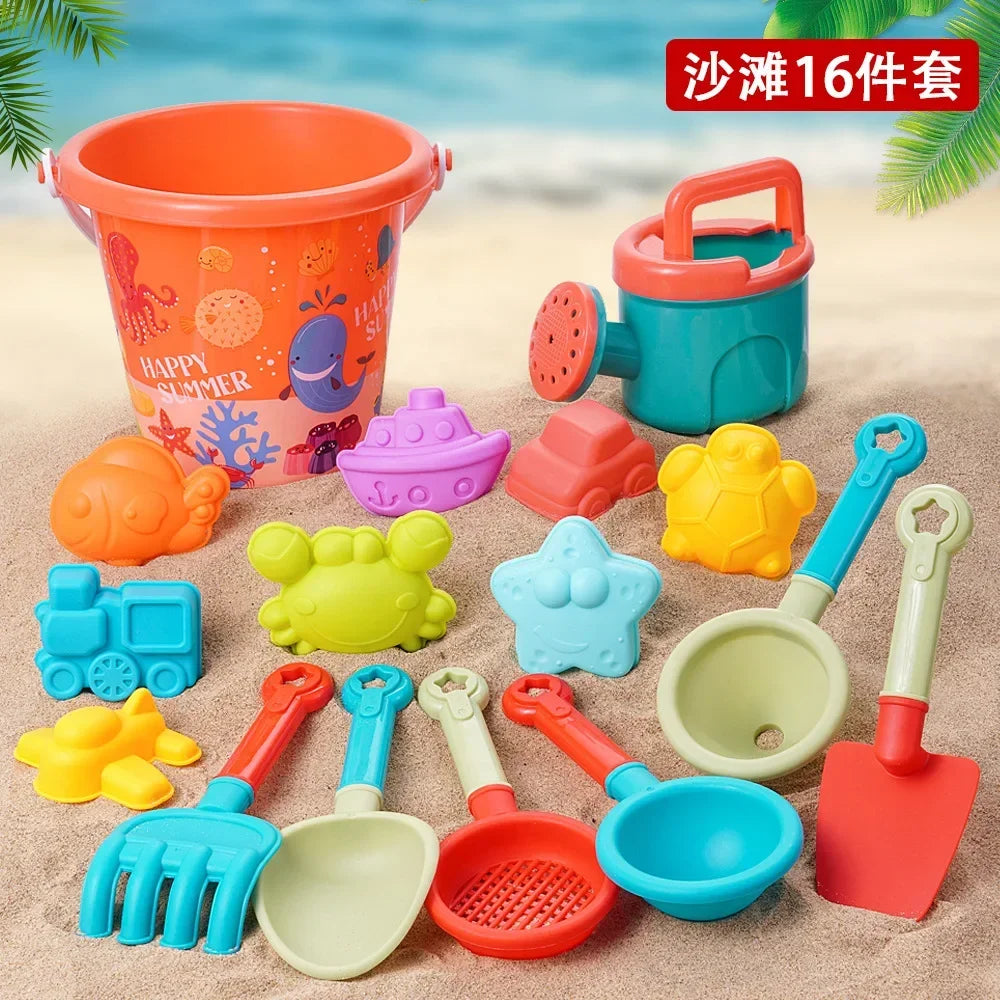 Juego de 16 herramientas plásticas para cavar en la playa, incluyendo cubo y varias palas en naranja, verde, amarillo y b