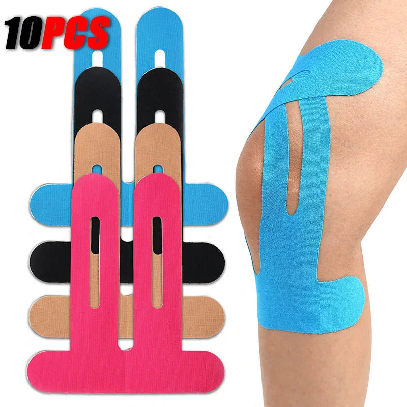 Ten pieces of colorful kinesiology therapy tape applied to a knee for support