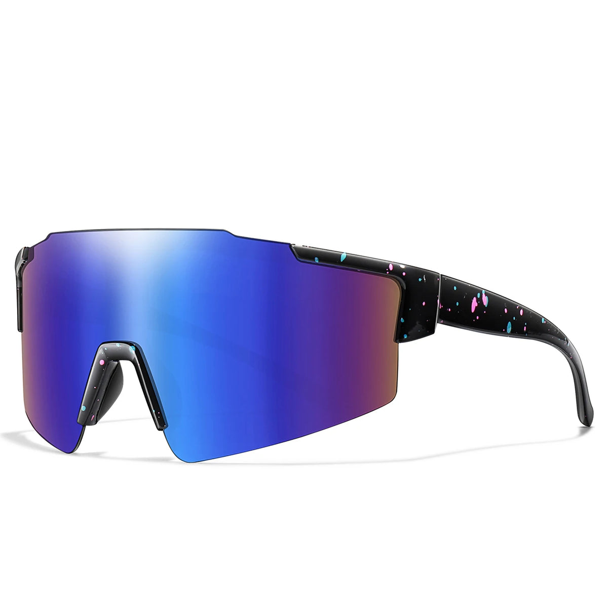 A pair of purple and blue polarized cycling sunglasses with black frames shown in profile.