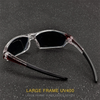 Lunettes de soleil UV400 avec monture noire et verres foncés sur une surface sombre.
