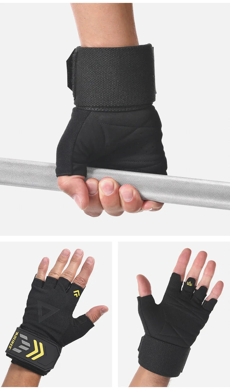 Black heavy-duty weightlifting grips being held onto a silver bar.