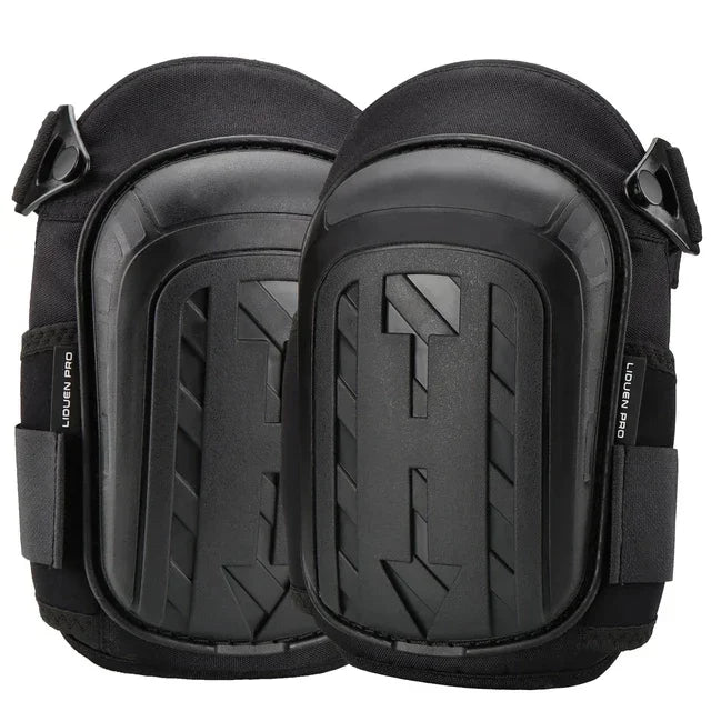 A pair of black heavy duty gel knee pads for protection shown side by side.
