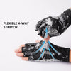 A hand wearing flexible 4-way stretch fingerless sun gloves demonstrating the stretch feature.