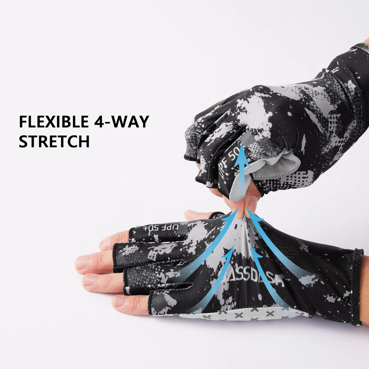 A hand wearing flexible 4-way stretch fingerless sun gloves demonstrating the stretch feature.