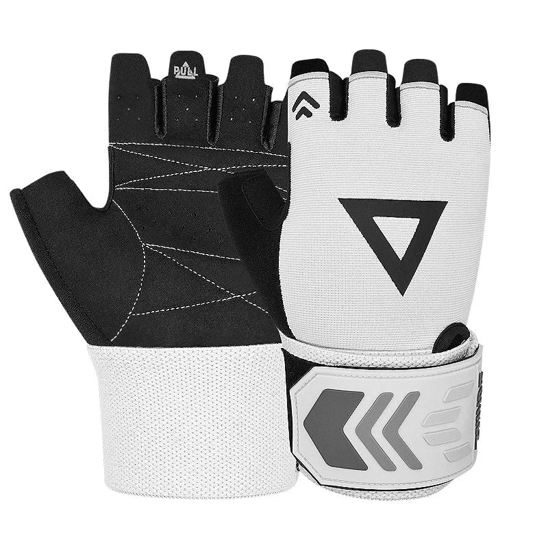 A pair of black and white heavy-duty weightlifting grips for enhanced grip.