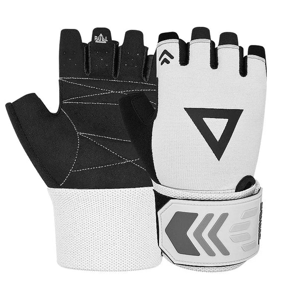 A pair of black and white heavy-duty weightlifting grips for enhanced grip.