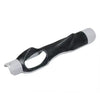 A black and silver portable golf swing grip trainer with a contoured handle.
