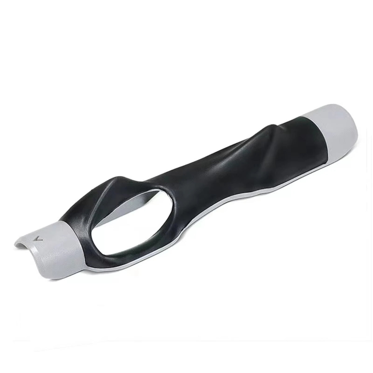 A black and silver portable golf swing grip trainer with a contoured handle.