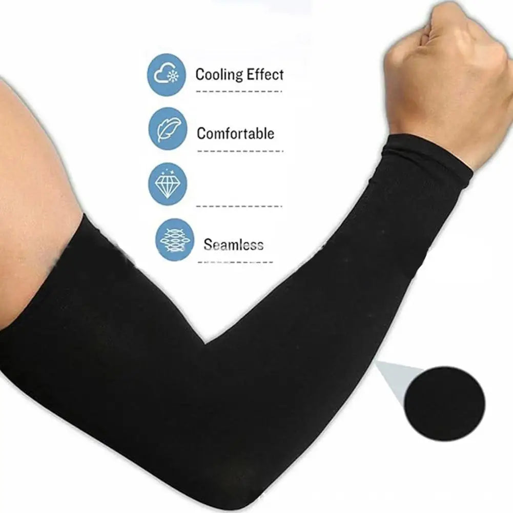 Black seamless UV protection arm sleeve being worn on an arm.