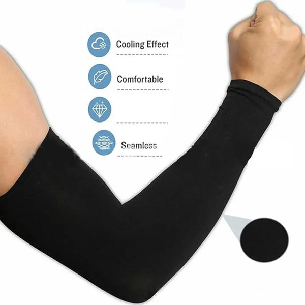 Black seamless UV protection arm sleeve being worn on an arm.