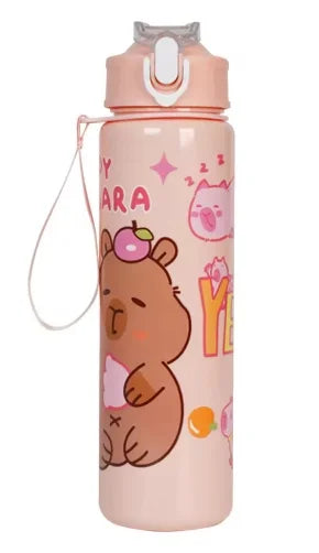 A pink water bottle shaped like a capybara with a straw and handle.