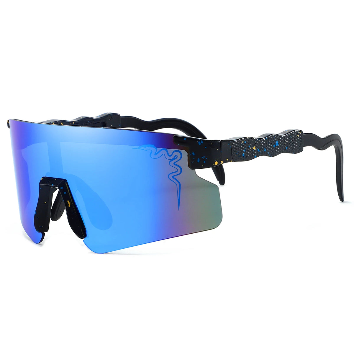 Blue mirrored cycling sunglasses with black frames and a flexible arm.
