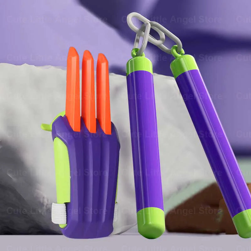 A purple carrot-shaped fidget toy with orange tips is shown next to a green fidget toy.