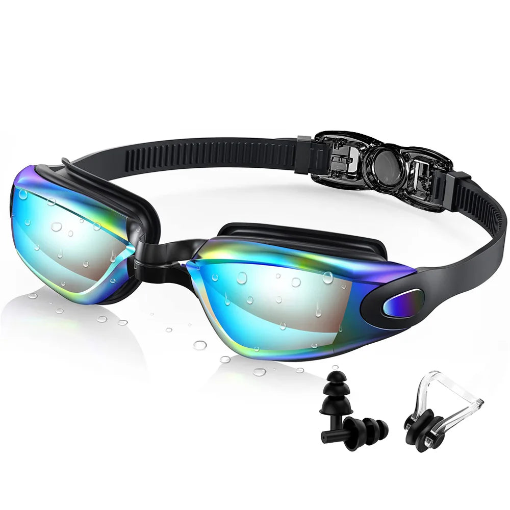 A pair of professional anti-fog swimming goggles with a black strap and replacement silicone nose pieces.
