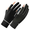 Guantes de ciclismo negros para protección solar mostrados en una mano.