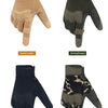 Four colors of men's outdoor and cycling full finger mittens shown: sand, ArmyGreen, black, and camouflage.