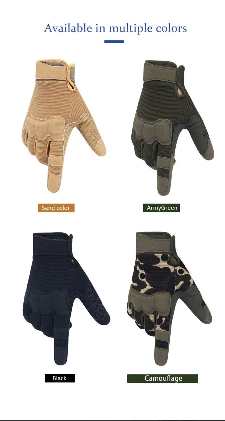 Four colors of men's outdoor and cycling full finger mittens shown: sand, ArmyGreen, black, and camouflage.
