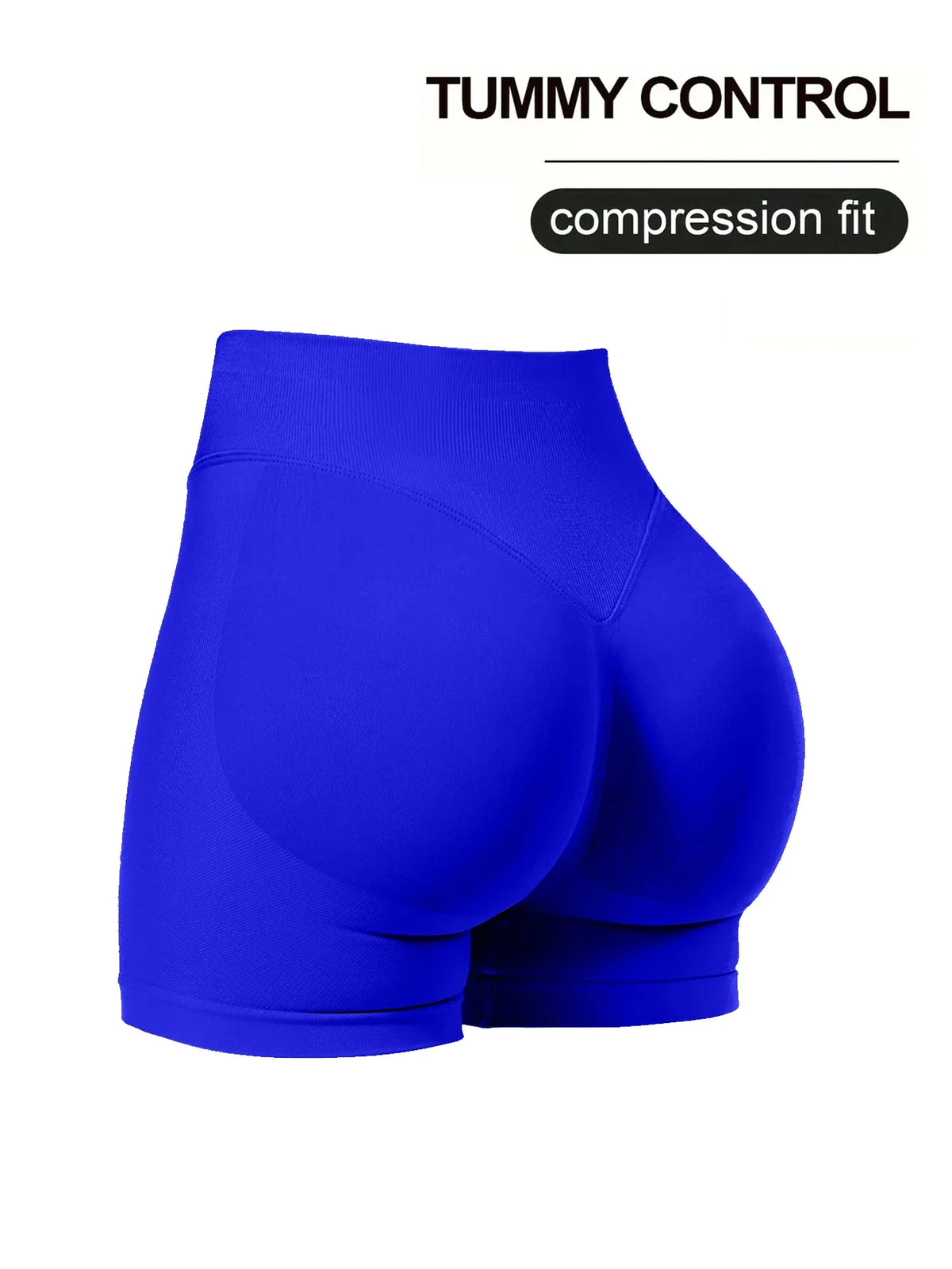 A bright royal blue compression fit tummy control fitness short for women.